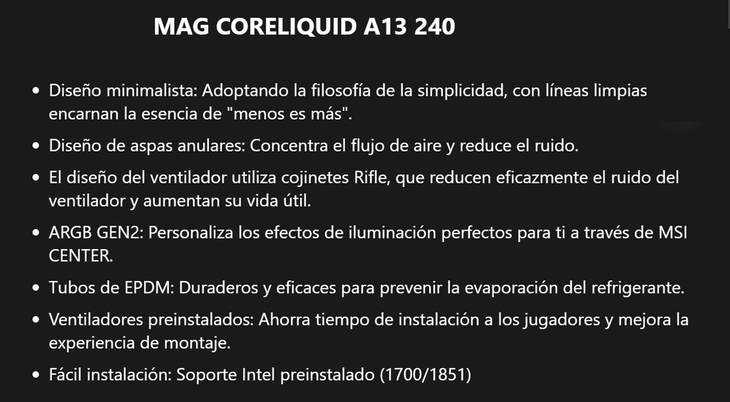 CPU COOLER MSI MAG A13 240MM BLACK ARGB LGA 1700/1851 AMD4 AM5