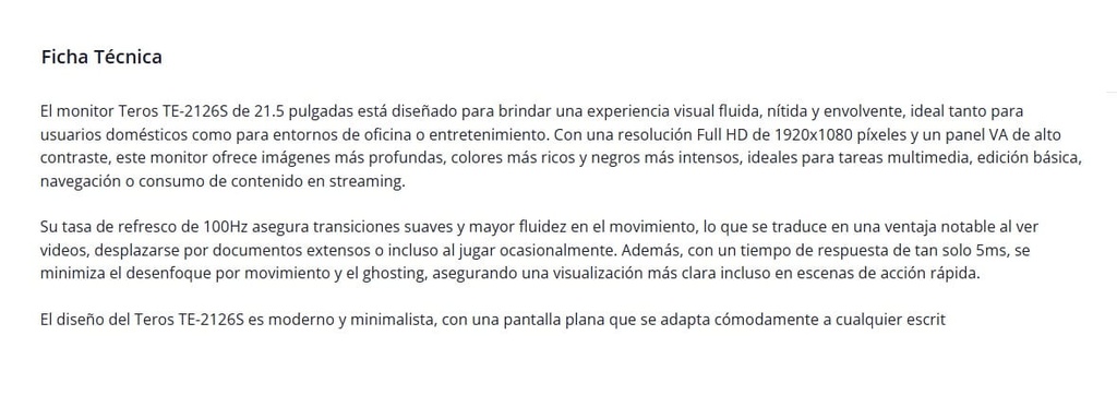 Monitor TEROS de 22" TE-2126S Plano/AH VA/1920X1080 / 100HZ /5MS