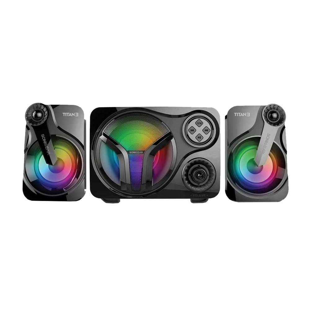 PARLANTE SONIC GEAR TITAN 3 BTMI  2.1 BLUETOOTH AUX IN TF CARD FM RADIO USB  COLOR NEGRO CON GRIS/ POTENCIA 24W TOTAL  / ILUMINACION RGB