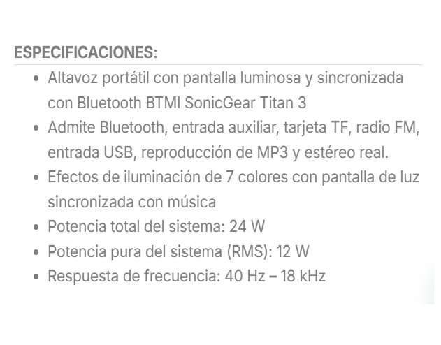 PARLANTE SONIC GEAR TITAN 3 BTMI  2.1 BLUETOOTH AUX IN TF CARD FM RADIO USB  COLOR NEGRO CON GRIS/ POTENCIA 24W TOTAL  / ILUMINACION RGB