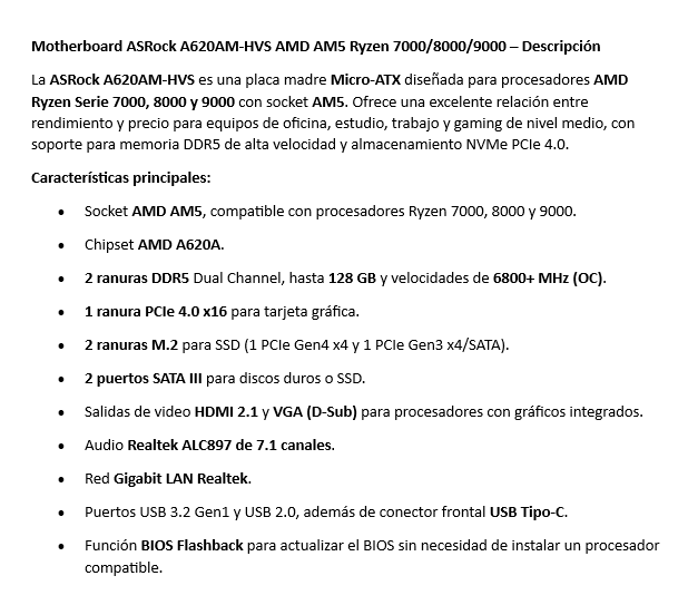 Mbod Asrock A620AM-HVS Amd Am5 Ryzen 7000-8000-9000 2xddr5 D-SUB  Hdmi 2xM.2 4xSATA Pcie4.0 Micro-atx