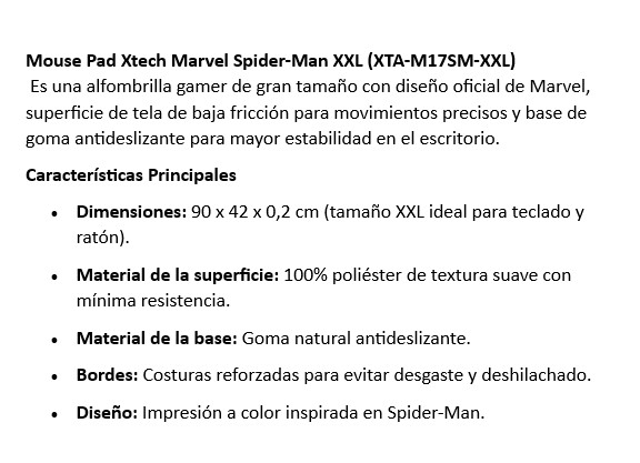 Mouse Pad Gaming Xtech Cleccion Marvel Spiderman 90x42x02cm XTA-M17SM-XXL
