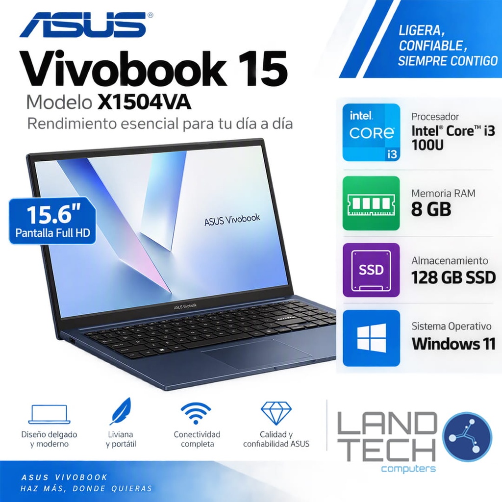 Laptop ASUS VIVOBOOK 15 INTEL CORE 3-100U 1.2GHZ-8GB-128GB SSD-QUIET BLUE-15.6"FHD-W11 TECL INGLES X1504VA