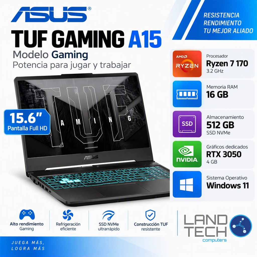NOTEBOOK ASUS TUF GAMING A15 R7-170 3.2GHZ-16GB-512GB SSD-RTX3050 4GB-BLACK-15.6"FHD-W11+MOUS+MOCHIL