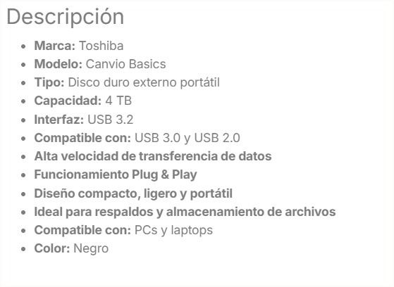 Disco Duro Externo Toshiba CANVIO BASICS 4TB USB 3.0 SC3240-A1
