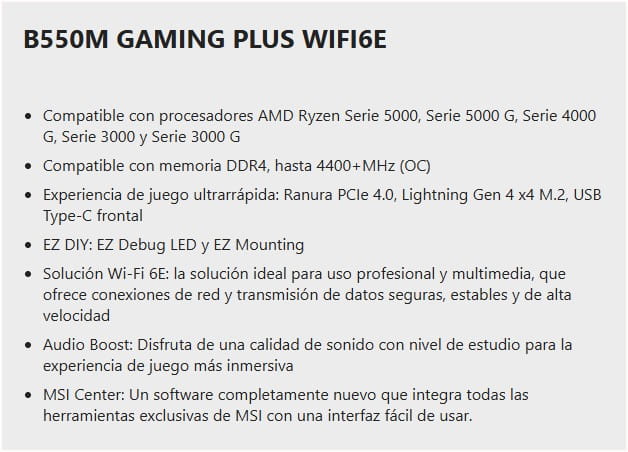MAINBOARD MSI B550M GAMING PLUS WIFI6E AM4 DDR4 4 SLOTS PCIe 4.0 HDMI mATX