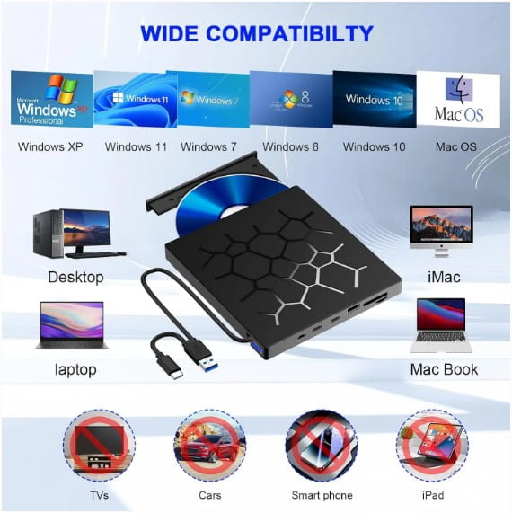Grabador Lector DVD-RW Externo USB 3.0 / 7 En 1 Genérico 0118020