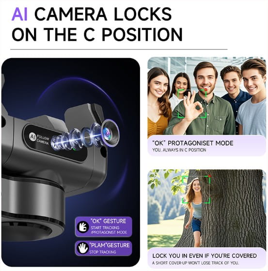 Estabilizador Gimbal con seguimiento facial IA inteligente antivibración C22 barra de aleación de aluminio de 1338 mm trípode palo selfie con interfaz de 1/4