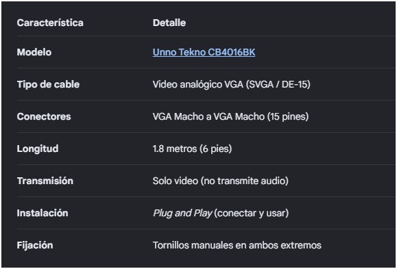 Cable de video Unno Tekno CB4016BK VGA 1.8 metros / 6 ft