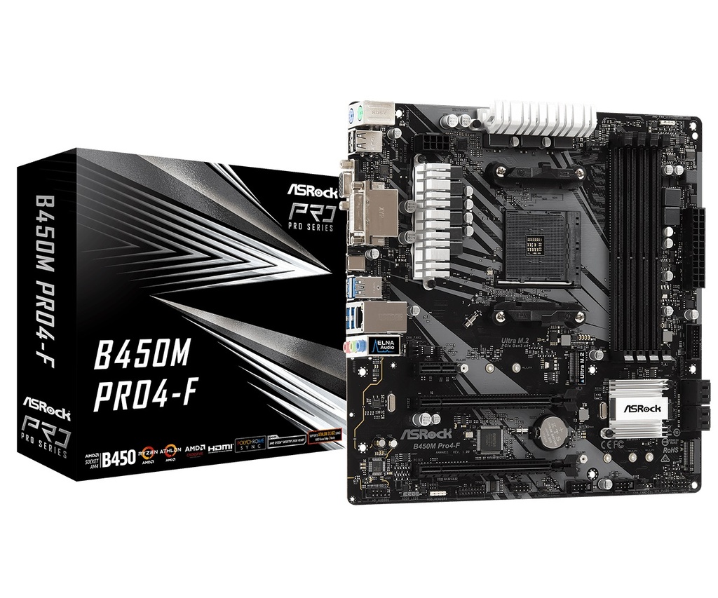 MBO ASROCK B450M-PRO4-F AMD4 4xDDR4 VD SN RD HDMI DVI-D 2M.2 6USB3.1 7PCI-Exp Micro-ATX