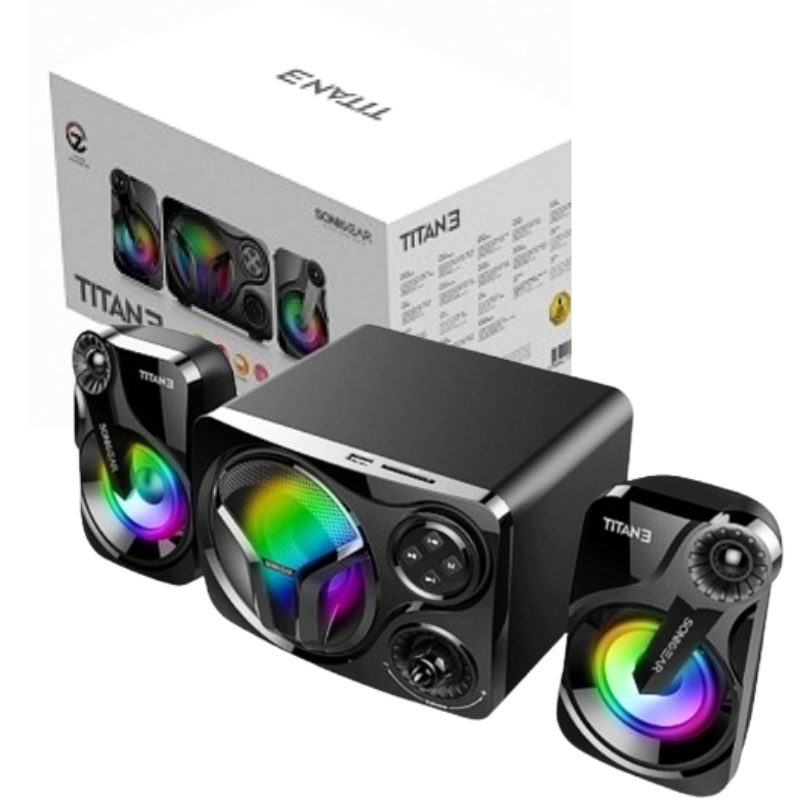 PARLANTE SONIC GEAR TITAN 3 BTMI  2.1 BLUETOOTH AUX IN TF CARD FM RADIO USB  COLOR NEGRO CON GRIS/ POTENCIA 24W TOTAL  / ILUMINACION RGB