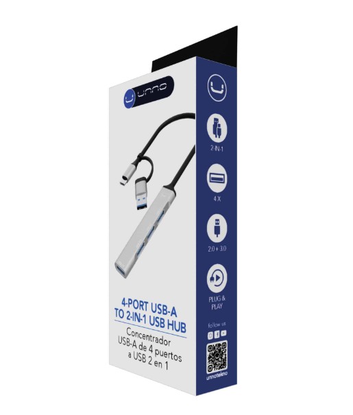 Hub de USB 2 en 1 a 3 Puertos Usb 2.0 + 1 Usb 3,0 externo Unnotekno HB1014GY